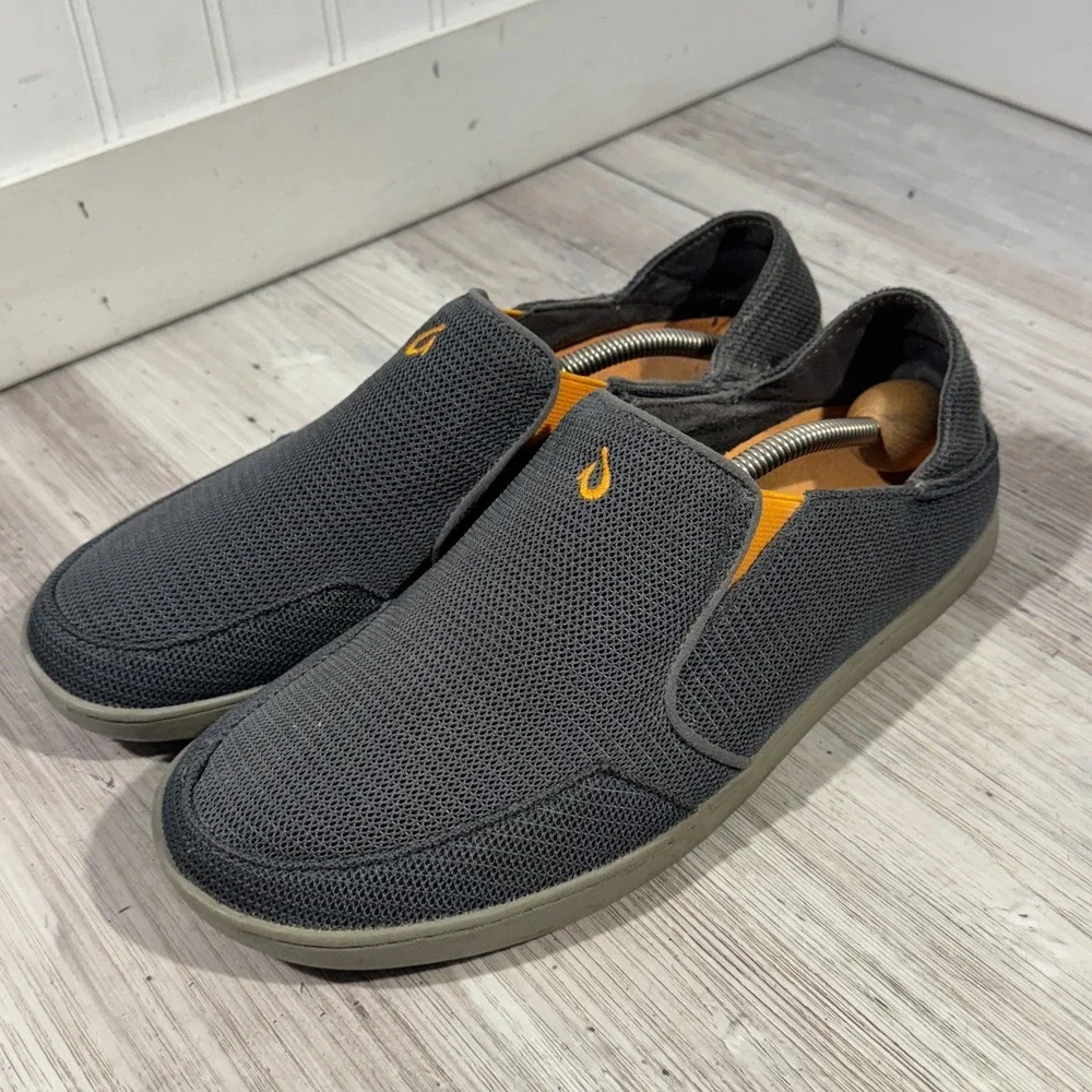 OluKai‎ Nohea Mesh Slip-on Loafer Shoes Mens Size 8 EUR 41 Gray Orange Drop Heel